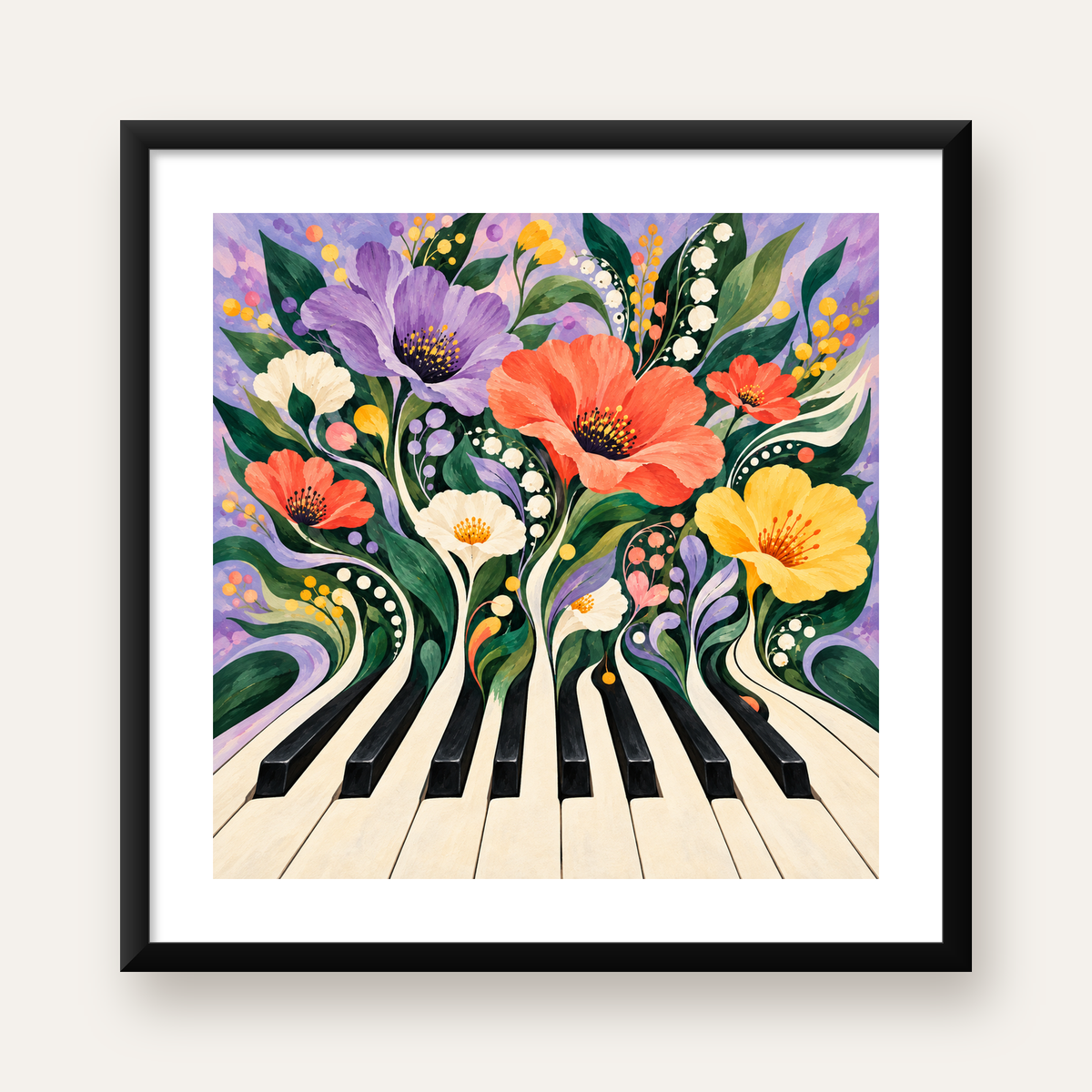 Çiçekli Piyano İllüstrasyonu Poster – Pastel Duvar Dekoru — Kare baskı, beyaz paspartulu