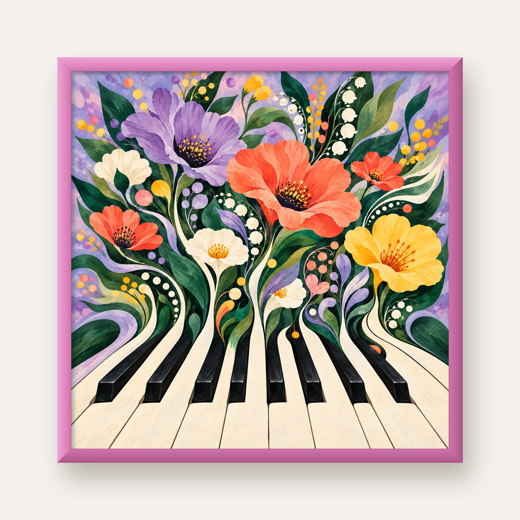 Çiçekli Piyano İllüstrasyonu Poster – Pastel Duvar Dekoru — pembe çerçeveli