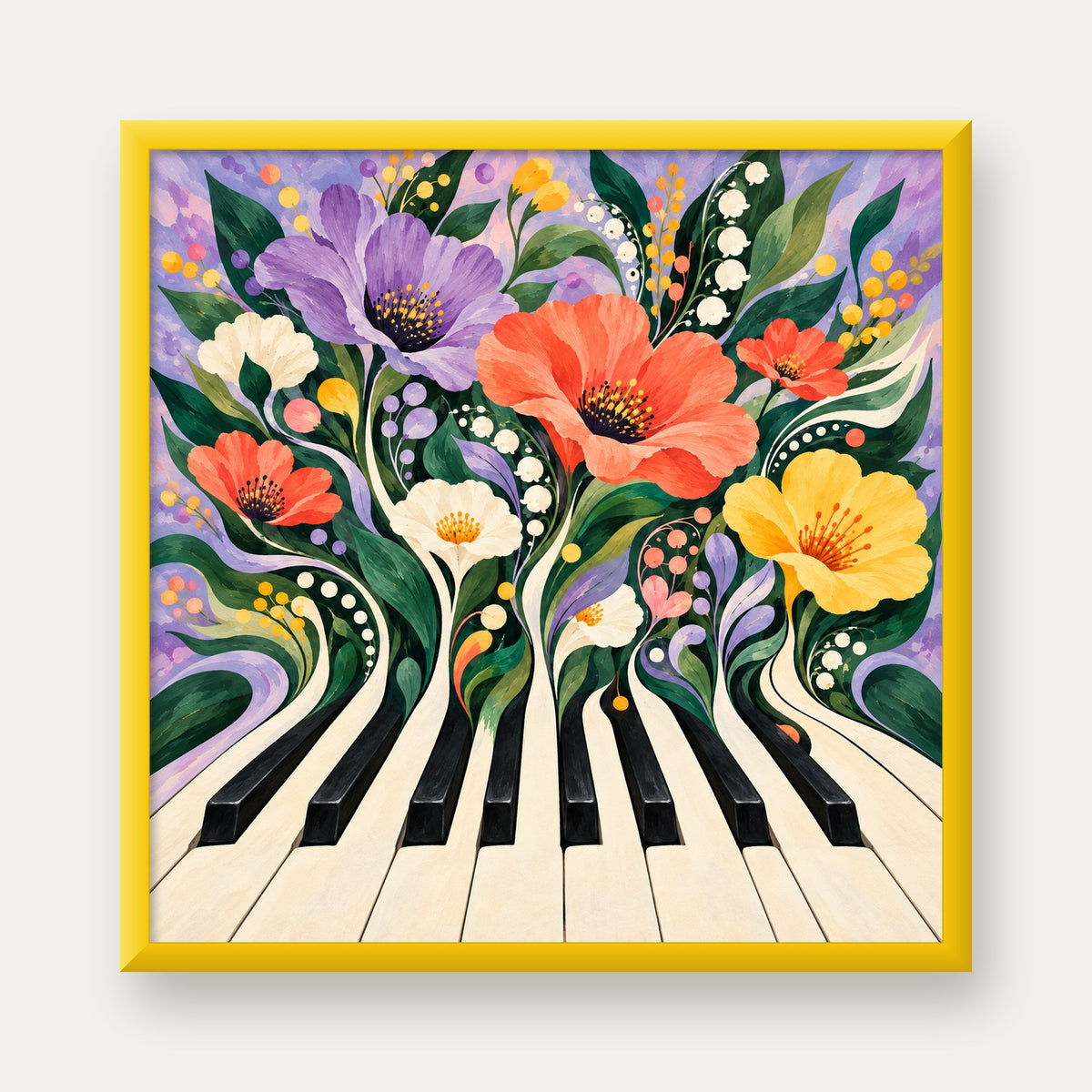 Çiçekli Piyano İllüstrasyonu Poster – Pastel Duvar Dekoru — sarı çerçeveli