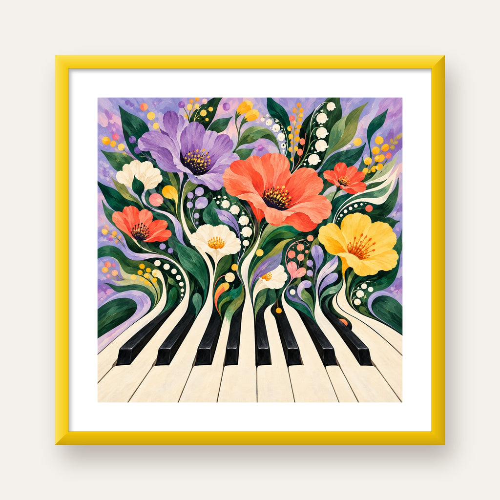 Çiçekli Piyano İllüstrasyonu Poster – Pastel Duvar Dekoru — sarı çerçeveli paspartulu