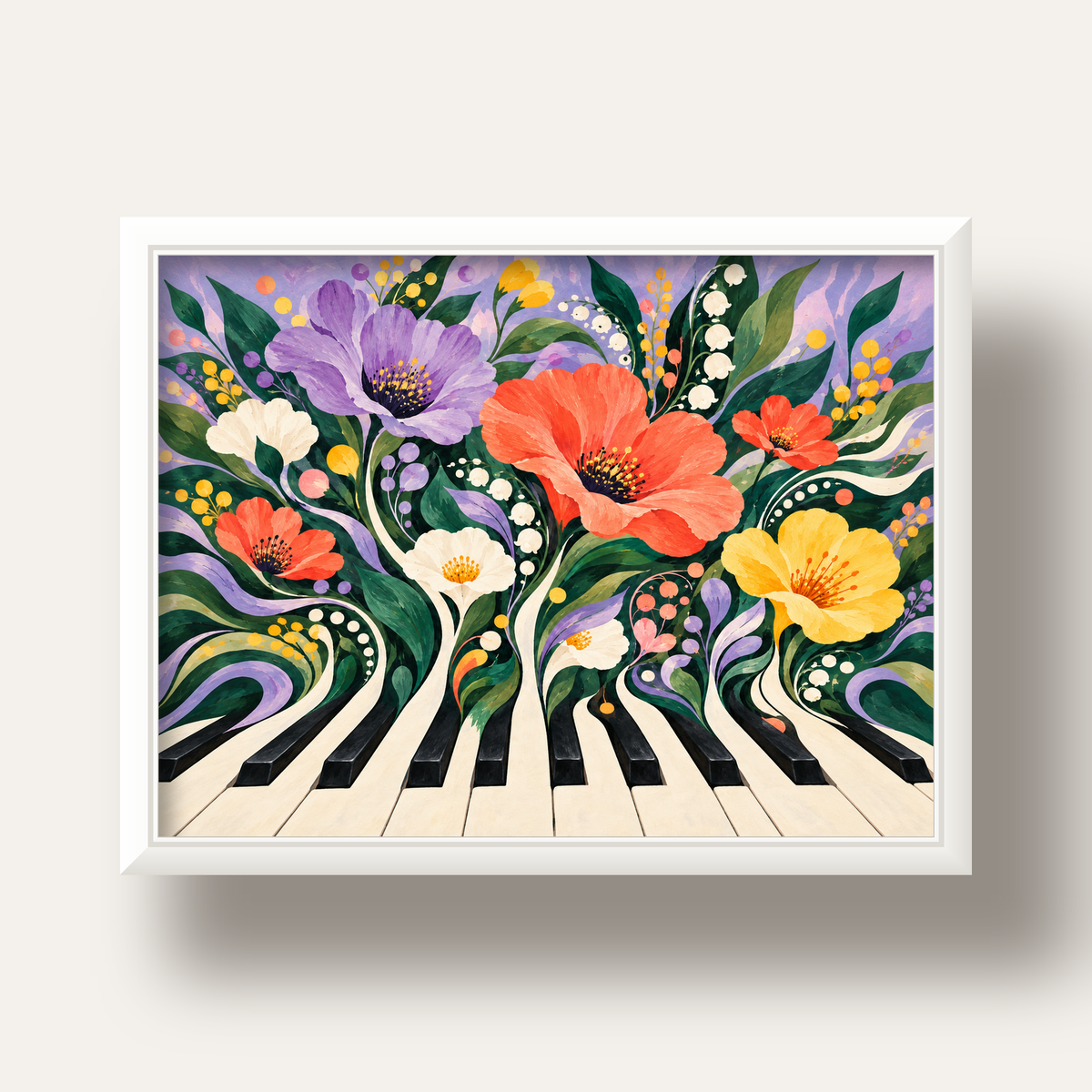 Çiçekli Piyano İllüstrasyonu Poster – Pastel Duvar Dekoru — beyaz derin çerçeveli