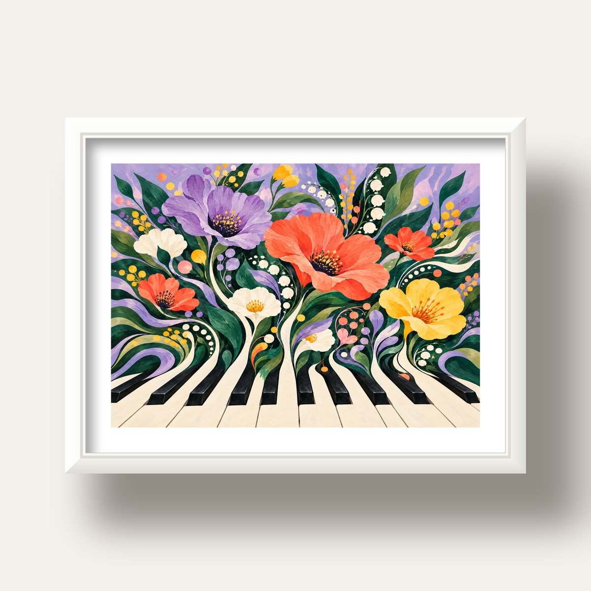 Çiçekli Piyano İllüstrasyonu Poster – Pastel Duvar Dekoru — beyaz derin çerçeveli paspartulu
