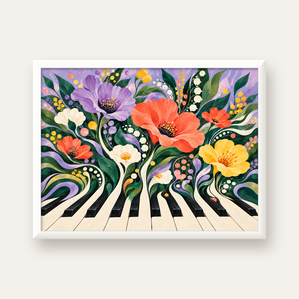 Çiçekli Piyano İllüstrasyonu Poster – Pastel Duvar Dekoru — beyaz çerçeveli yatay poster