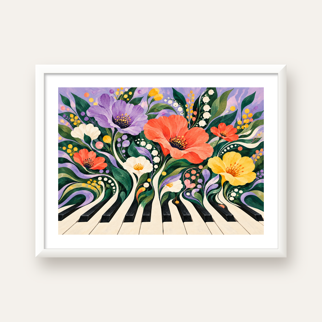 Çiçekli Piyano İllüstrasyonu Poster – Pastel Duvar Dekoru — beyaz çerçeveli yatay poster