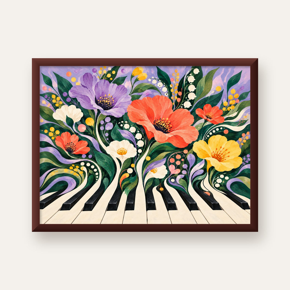 Çiçekli Piyano İllüstrasyonu Poster – Pastel Duvar Dekoru — ceviz çerçeveli