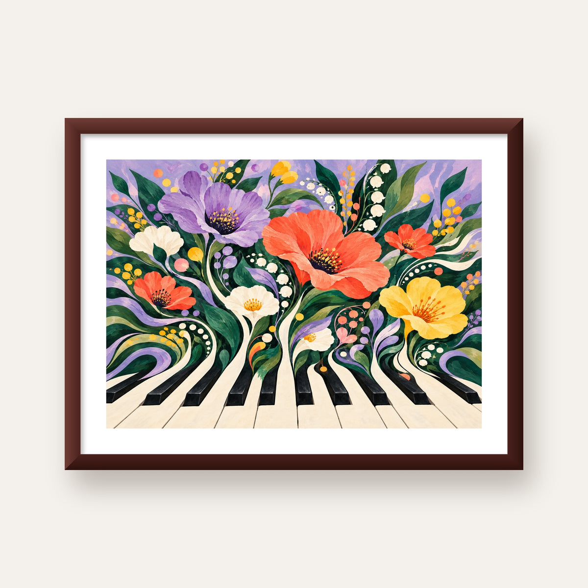Çiçekli Piyano İllüstrasyonu Poster – Pastel Duvar Dekoru — ceviz çerçeveli paspartulu