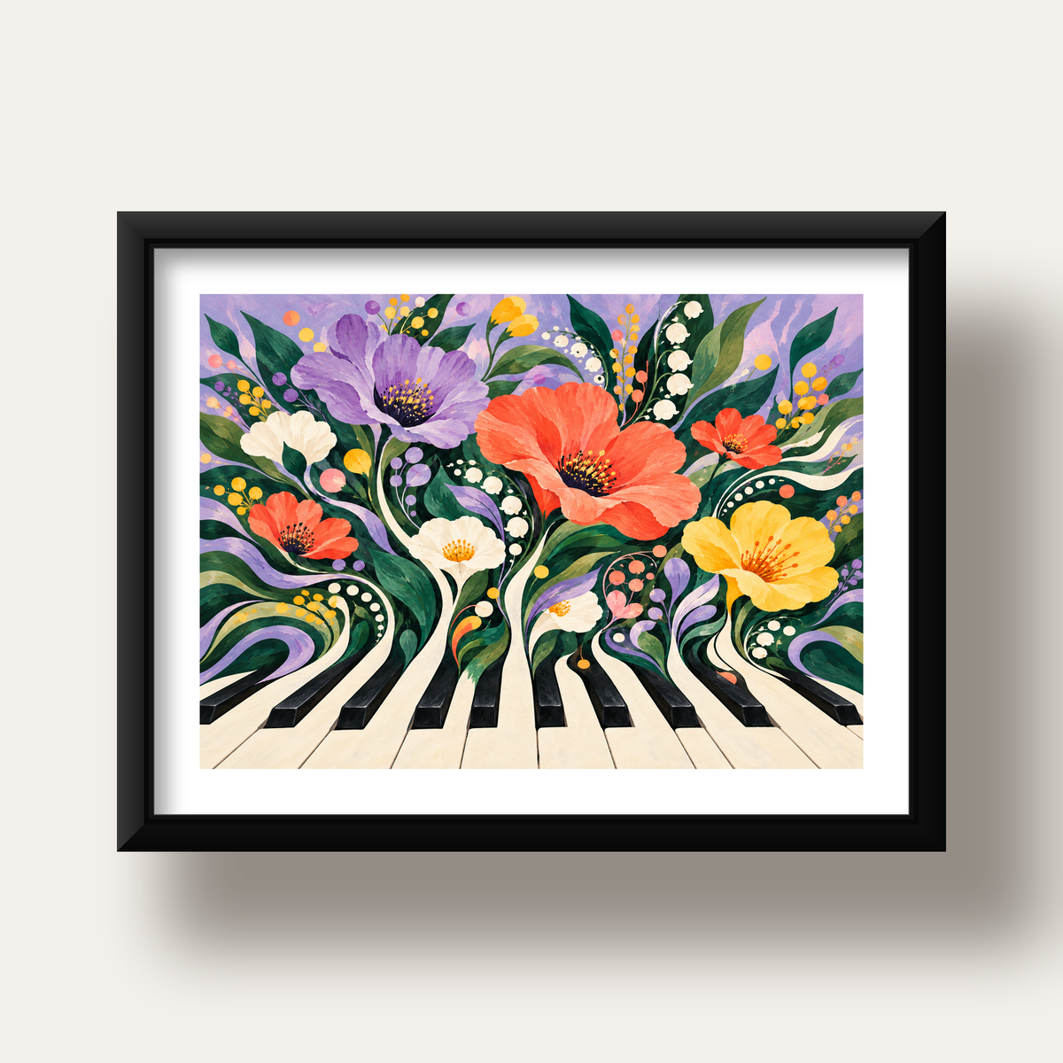 Çiçekli Piyano İllüstrasyonu Poster – Pastel Duvar Dekoru — siyah derin çerçeveli paspartulu