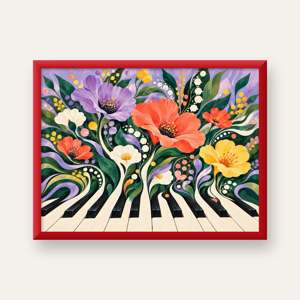 Çiçekli Piyano İllüstrasyonu Poster – Pastel Duvar Dekoru — kırmızı çerçeveli