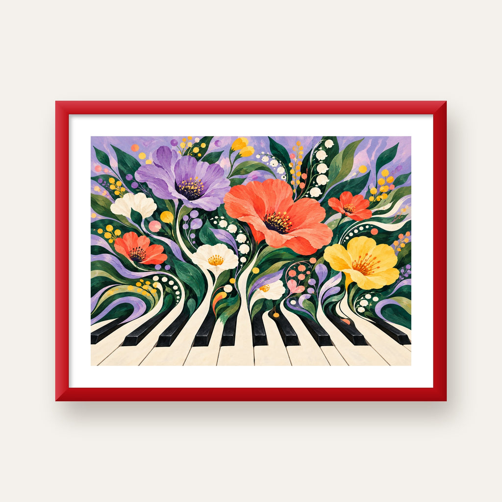Çiçekli Piyano İllüstrasyonu Poster – Pastel Duvar Dekoru — kırmızı çerçeveli paspartulu