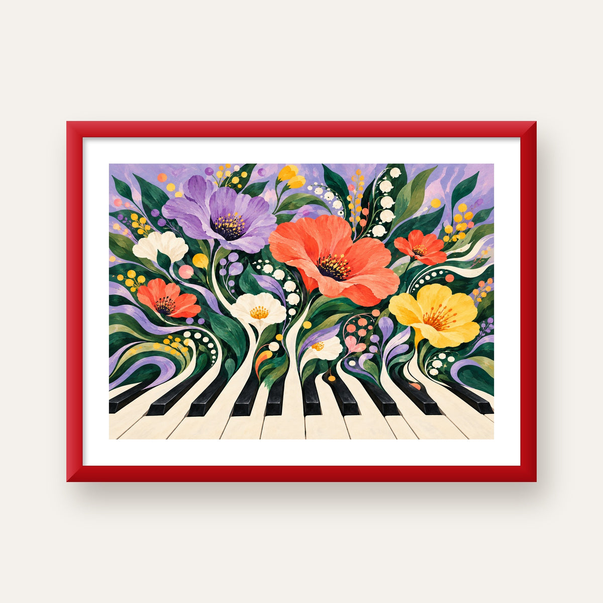 Çiçekli Piyano İllüstrasyonu Poster – Pastel Duvar Dekoru — kırmızı çerçeveli paspartulu