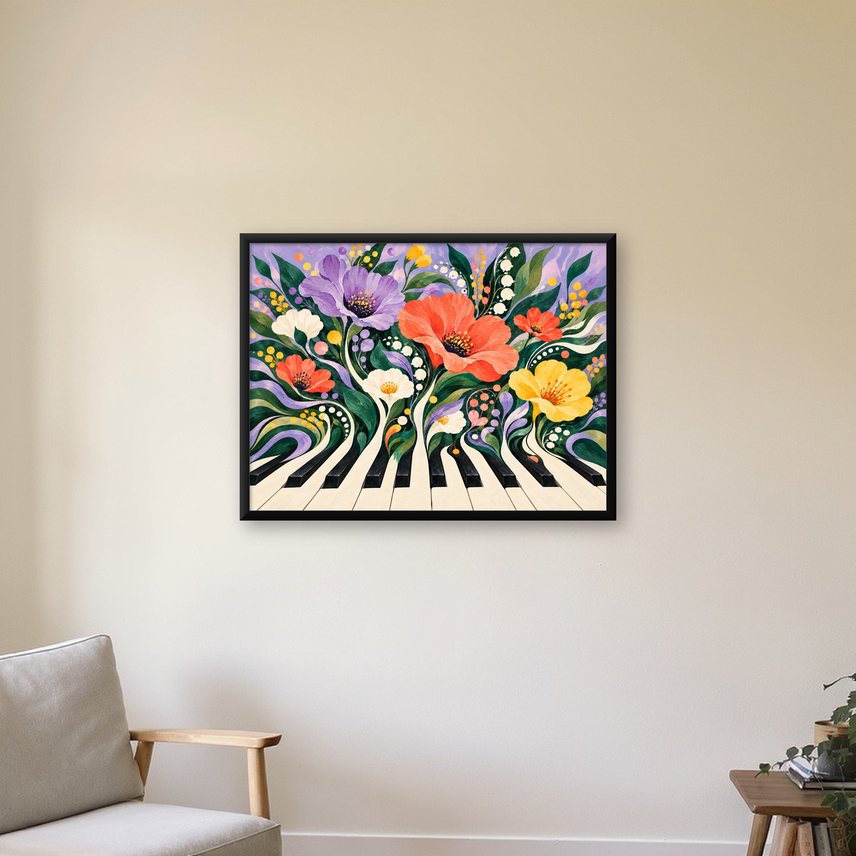 Çiçekli Piyano İllüstrasyonu Poster – Pastel Duvar Dekoru — Yatay baskı, çerçeveli hâliyle bir ev duvarında