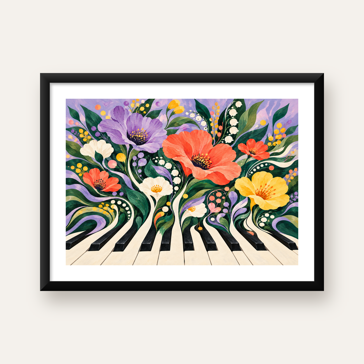 Çiçekli Piyano İllüstrasyonu Poster – Pastel Duvar Dekoru — Yatay baskı, beyaz paspartulu