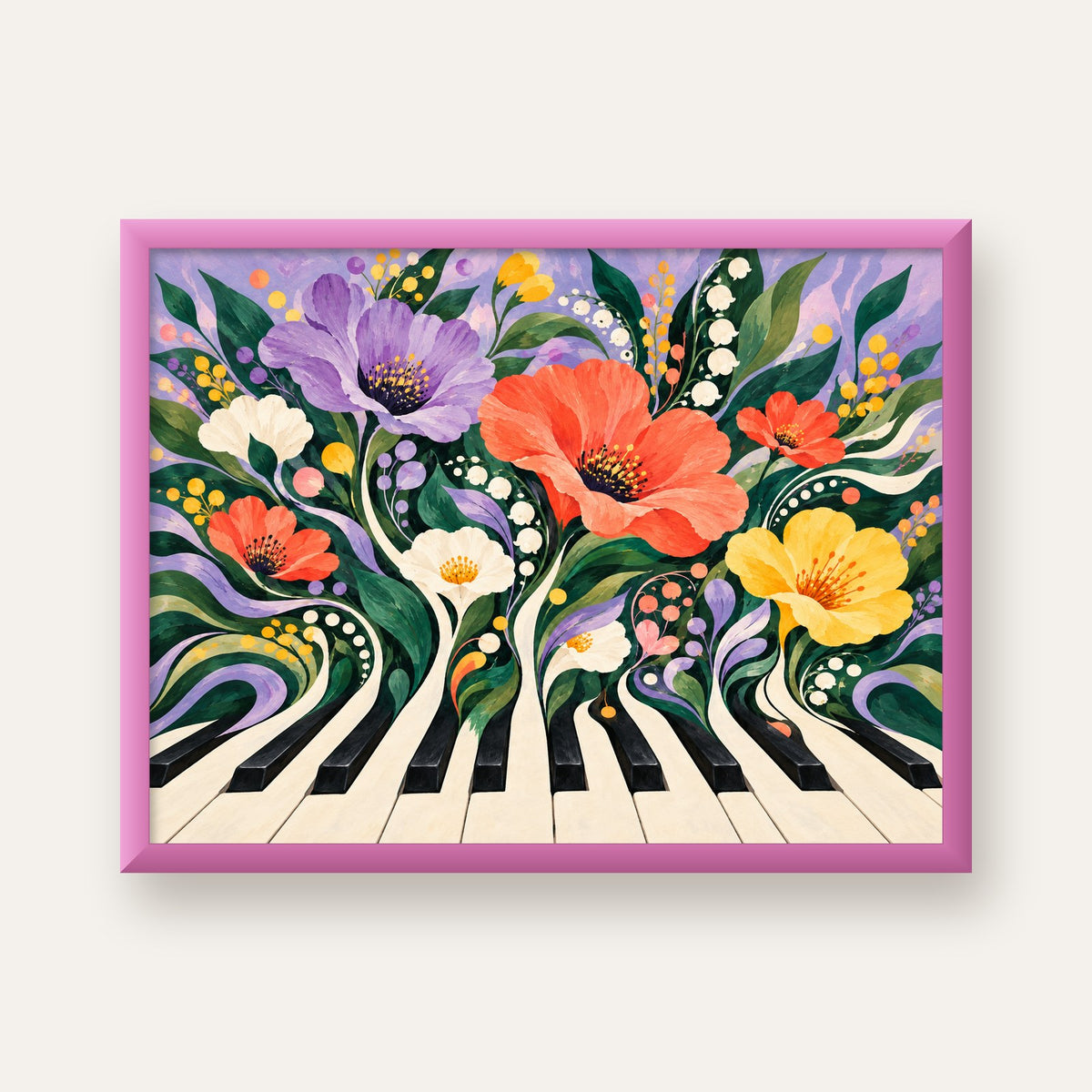 Çiçekli Piyano İllüstrasyonu Poster – Pastel Duvar Dekoru — pembe çerçeveli