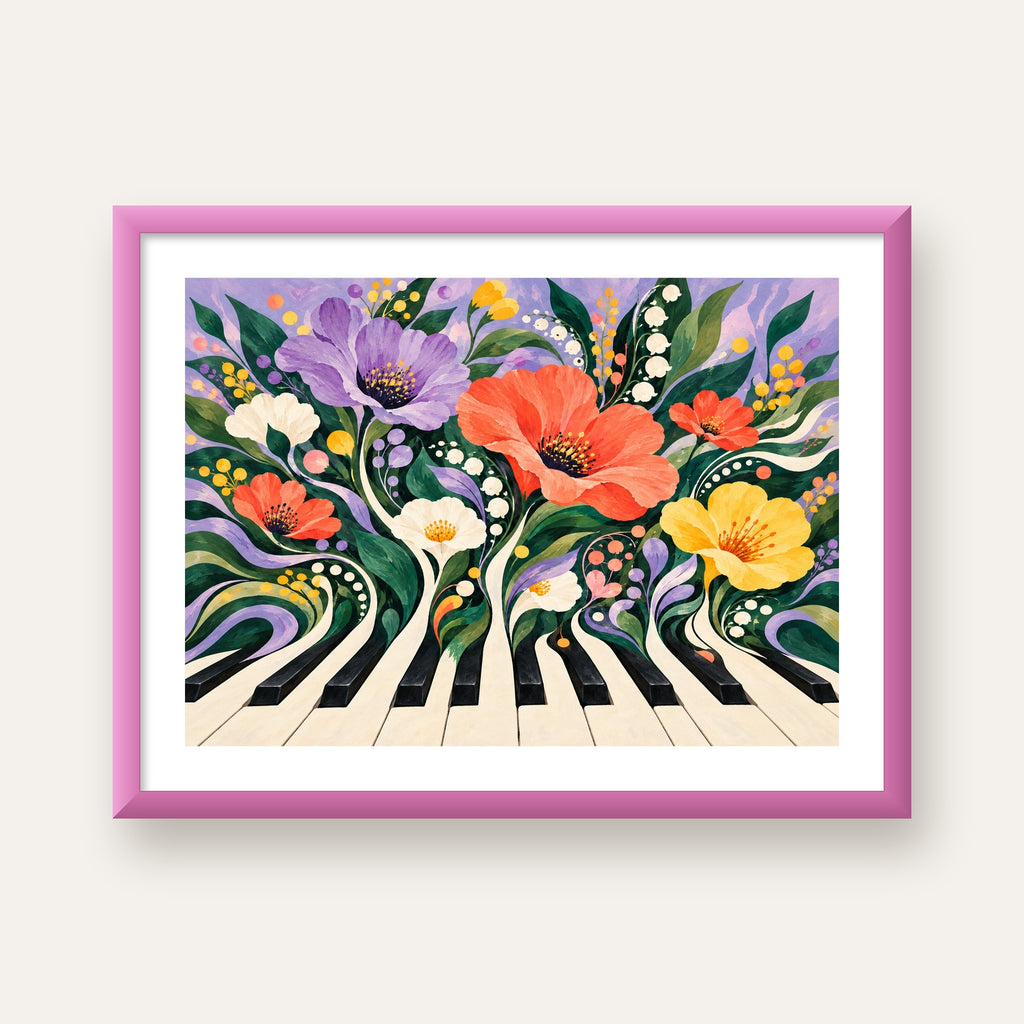 Çiçekli Piyano İllüstrasyonu Poster – Pastel Duvar Dekoru — pembe çerçeveli paspartulu