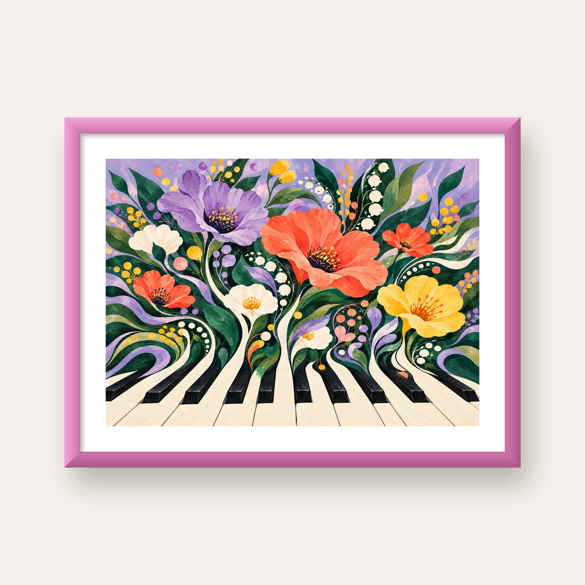Çiçekli Piyano İllüstrasyonu Poster – Pastel Duvar Dekoru — pembe çerçeveli paspartulu