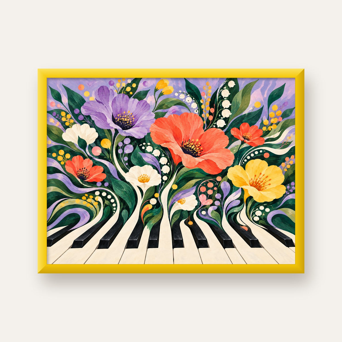 Çiçekli Piyano İllüstrasyonu Poster – Pastel Duvar Dekoru — sarı çerçeveli