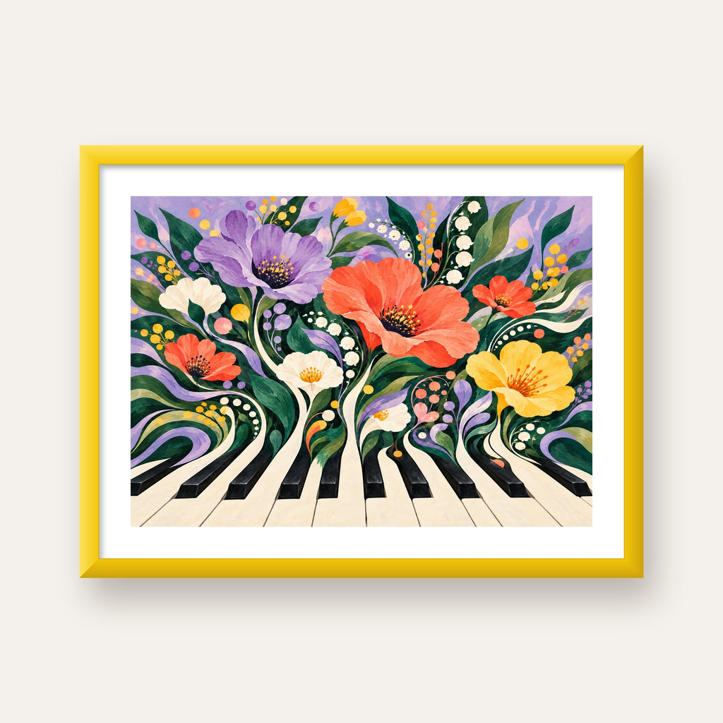 Çiçekli Piyano İllüstrasyonu Poster – Pastel Duvar Dekoru — sarı çerçeveli paspartulu