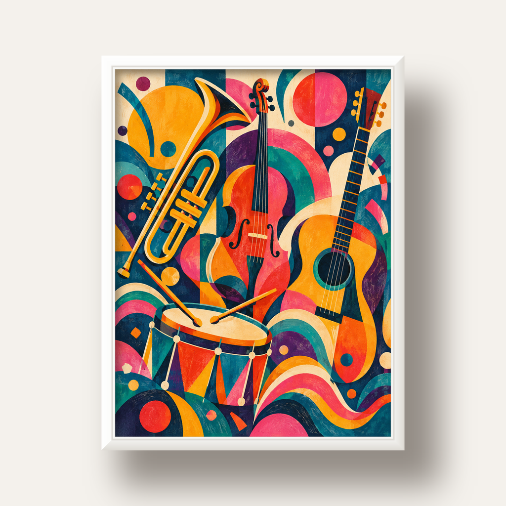 Renkli Müzik Aletleri Dijital Soyut Poster (Hazır Tasarım) — beyaz derin çerçeveli