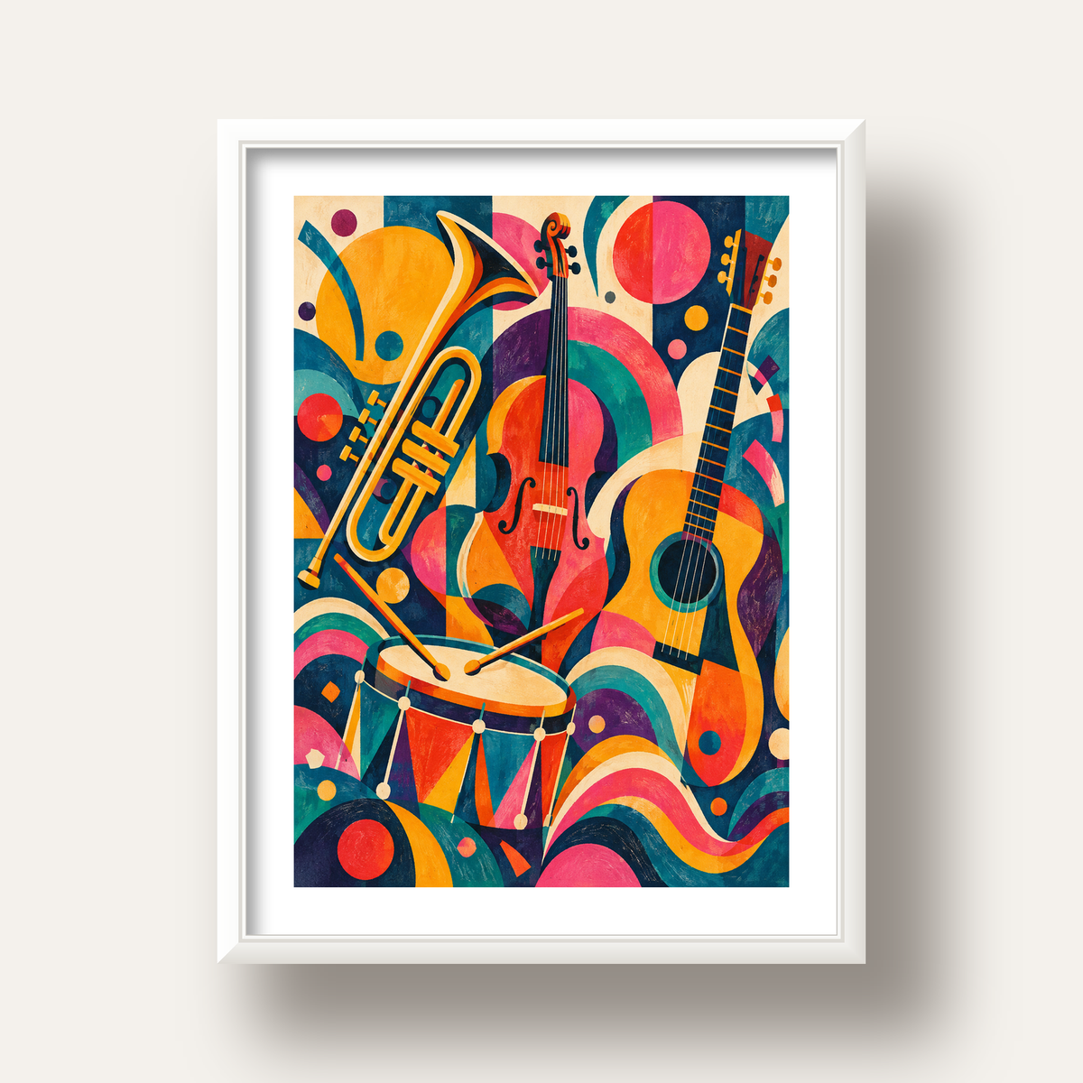 Renkli Müzik Aletleri Dijital Soyut Poster (Hazır Tasarım) — beyaz derin çerçeveli paspartulu