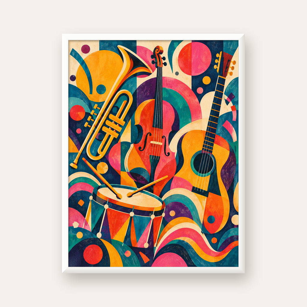 Renkli Müzik Aletleri Dijital Soyut Poster (Hazır Tasarım) — beyaz çerçeveli dikey poster