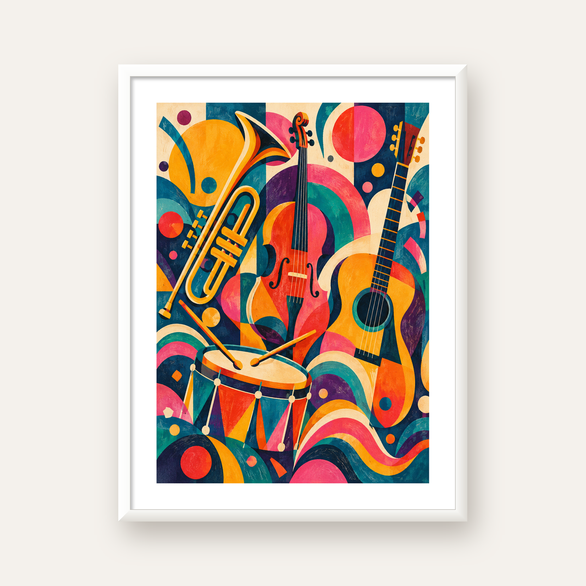 Renkli Müzik Aletleri Dijital Soyut Poster (Hazır Tasarım) — beyaz çerçeveli dikey poster