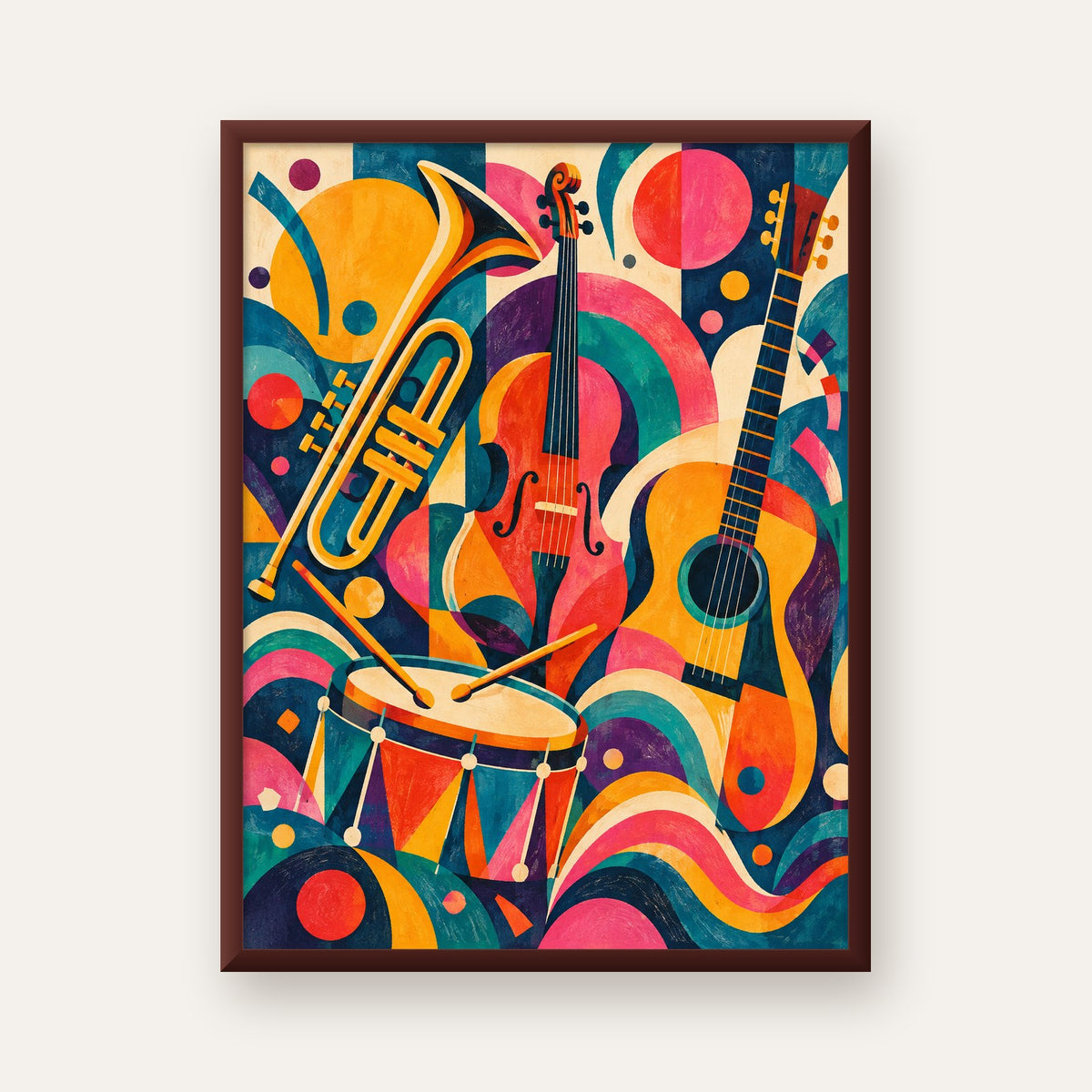 Renkli Müzik Aletleri Dijital Soyut Poster (Hazır Tasarım) — ceviz çerçeveli