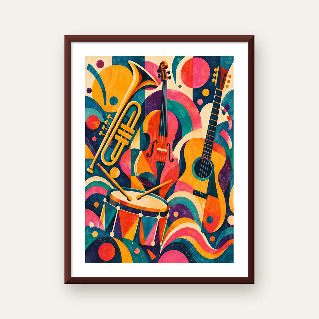 Renkli Müzik Aletleri Dijital Soyut Poster (Hazır Tasarım) — ceviz çerçeveli paspartulu