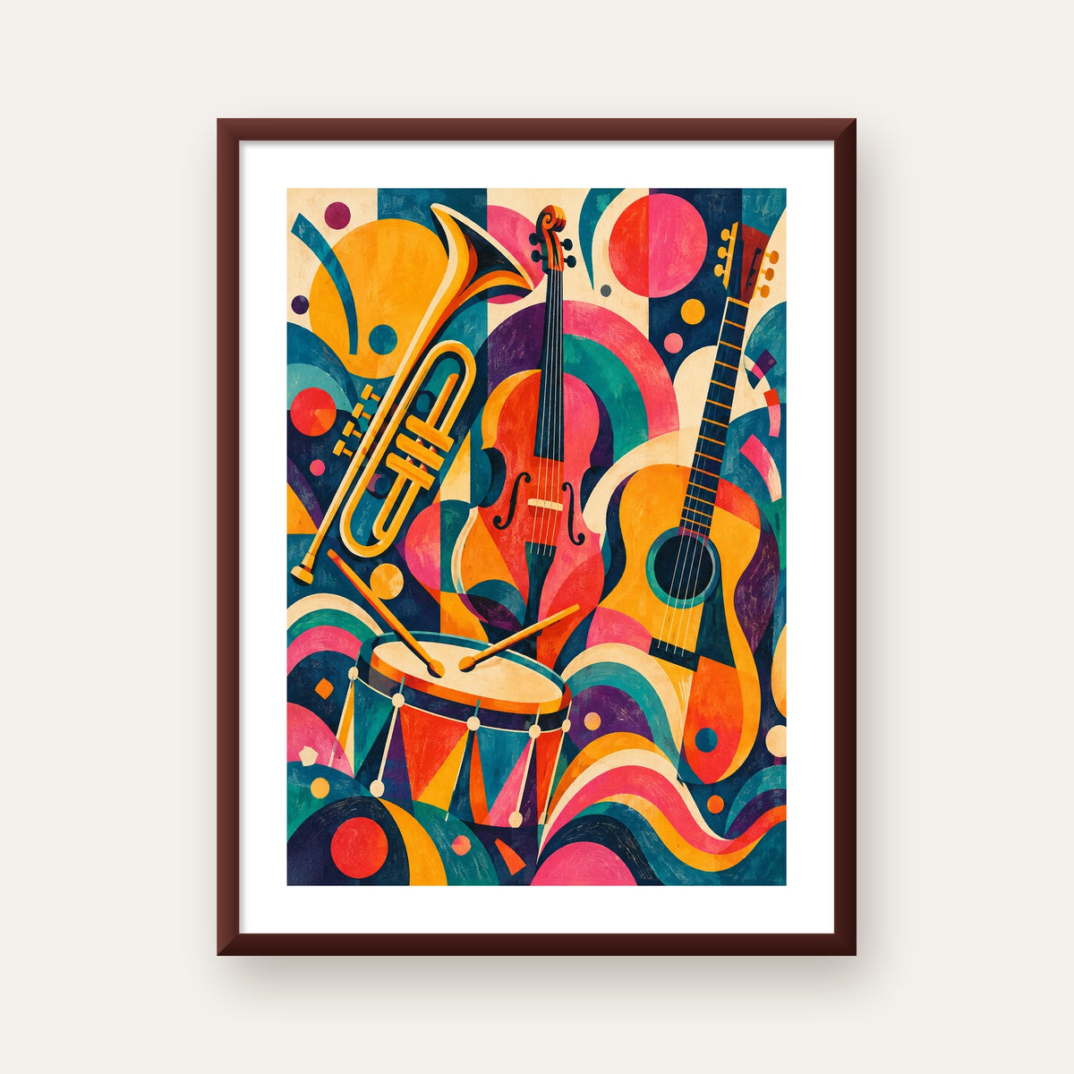 Renkli Müzik Aletleri Dijital Soyut Poster (Hazır Tasarım) — ceviz çerçeveli paspartulu
