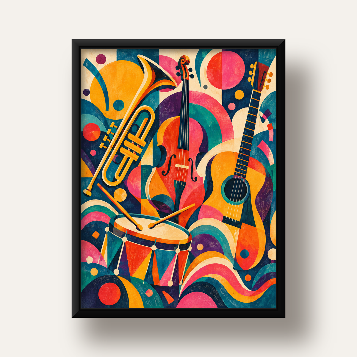 Renkli Müzik Aletleri Dijital Soyut Poster (Hazır Tasarım) — siyah derin çerçeveli