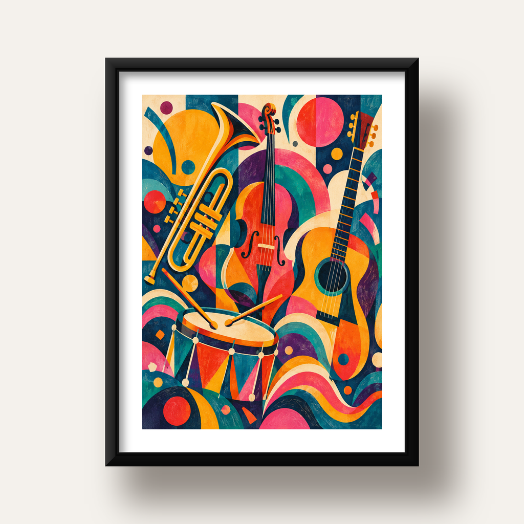 Renkli Müzik Aletleri Dijital Soyut Poster (Hazır Tasarım) — siyah derin çerçeveli paspartulu