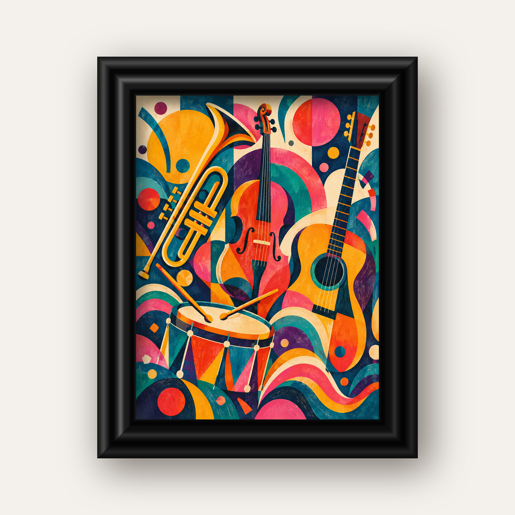Renkli Müzik Aletleri Dijital Soyut Poster (Hazır Tasarım) — siyah galeri çerçeveli