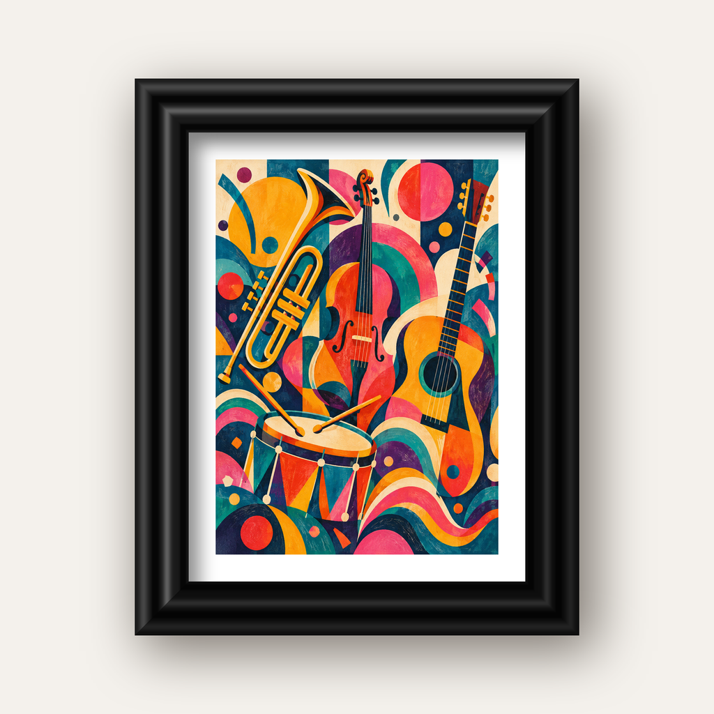 Renkli Müzik Aletleri Dijital Soyut Poster (Hazır Tasarım) — siyah galeri çerçeveli paspartulu