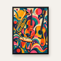 Renkli Müzik Aletleri Dijital Soyut Poster (Hazır Tasarım) — Dikey baskı, düz siyah çerçeveli duvar posteri