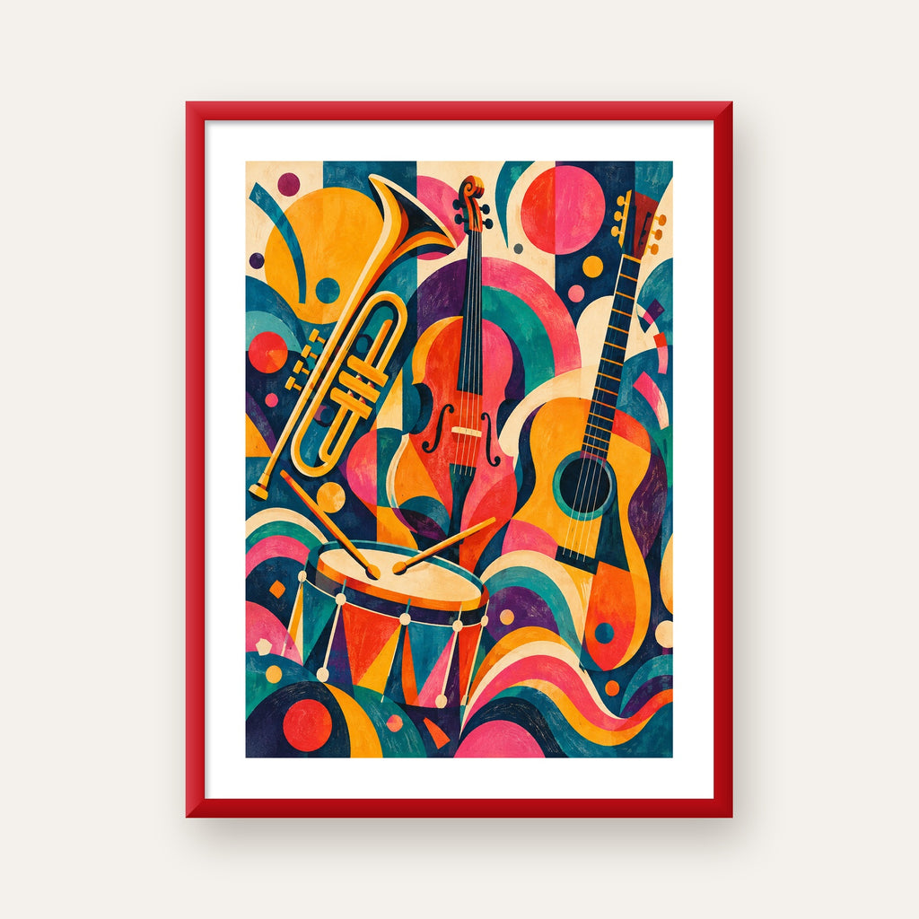 Renkli Müzik Aletleri Dijital Soyut Poster (Hazır Tasarım) — kırmızı çerçeveli paspartulu