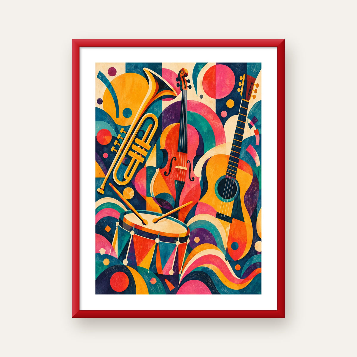 Renkli Müzik Aletleri Dijital Soyut Poster (Hazır Tasarım) — kırmızı çerçeveli paspartulu