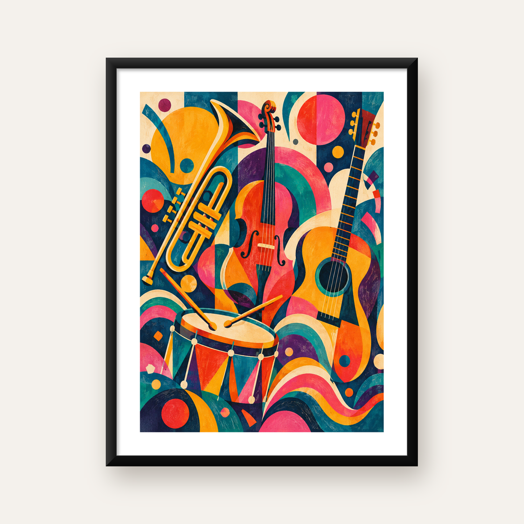 Renkli Müzik Aletleri Dijital Soyut Poster (Hazır Tasarım) — Dikey baskı, beyaz paspartulu