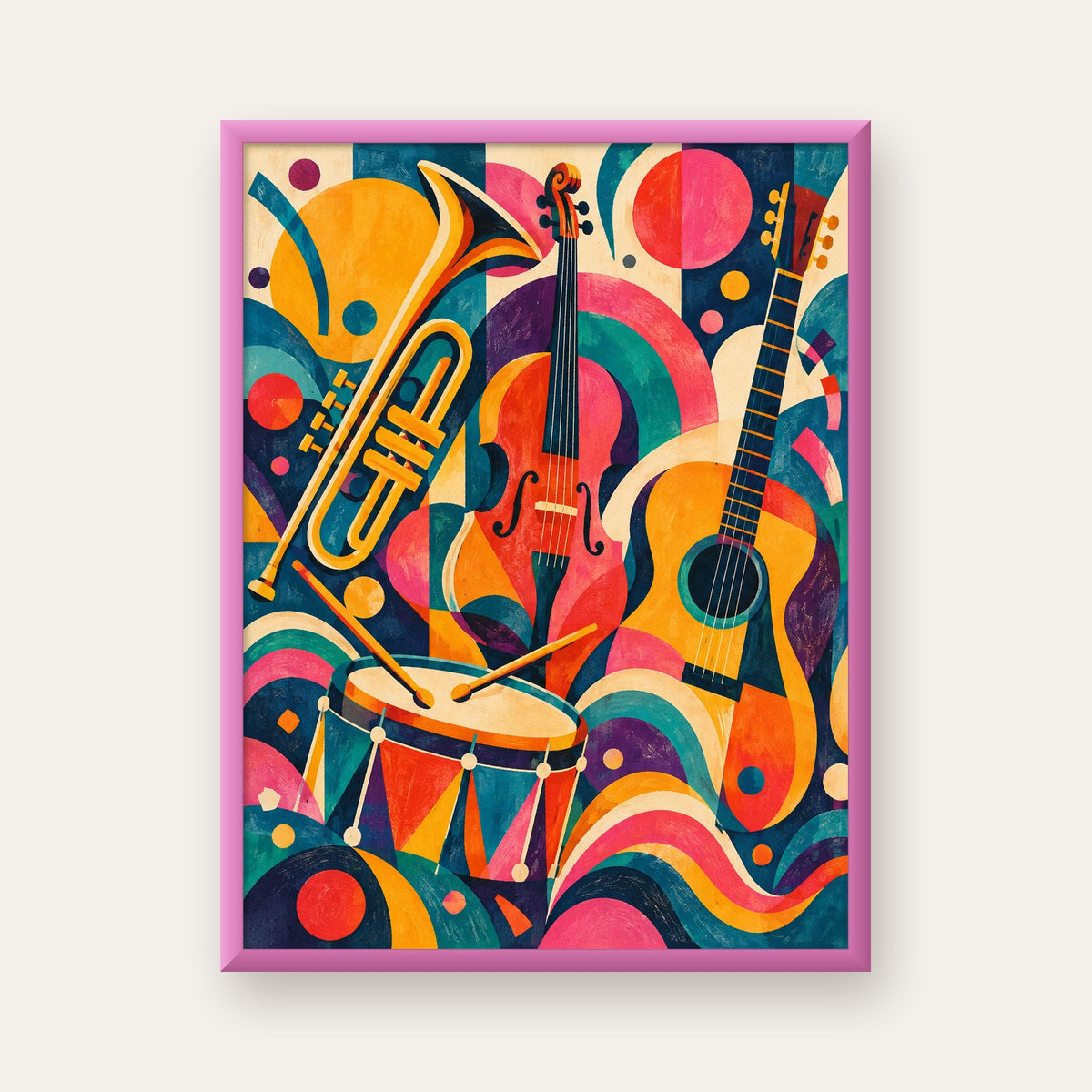 Renkli Müzik Aletleri Dijital Soyut Poster (Hazır Tasarım) — pembe çerçeveli