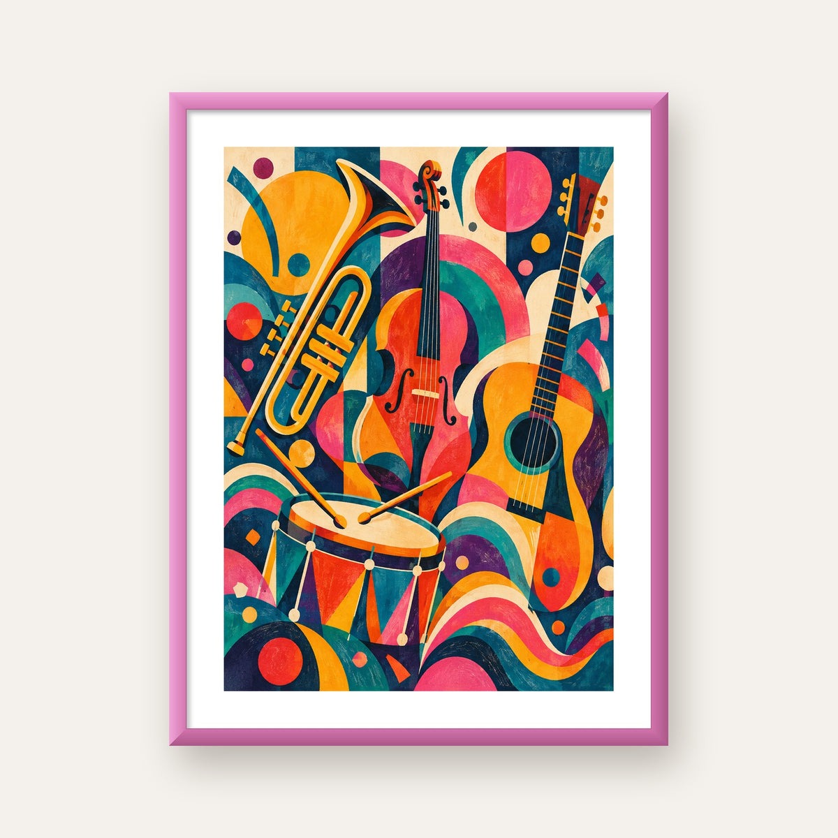 Renkli Müzik Aletleri Dijital Soyut Poster (Hazır Tasarım) — pembe çerçeveli paspartulu