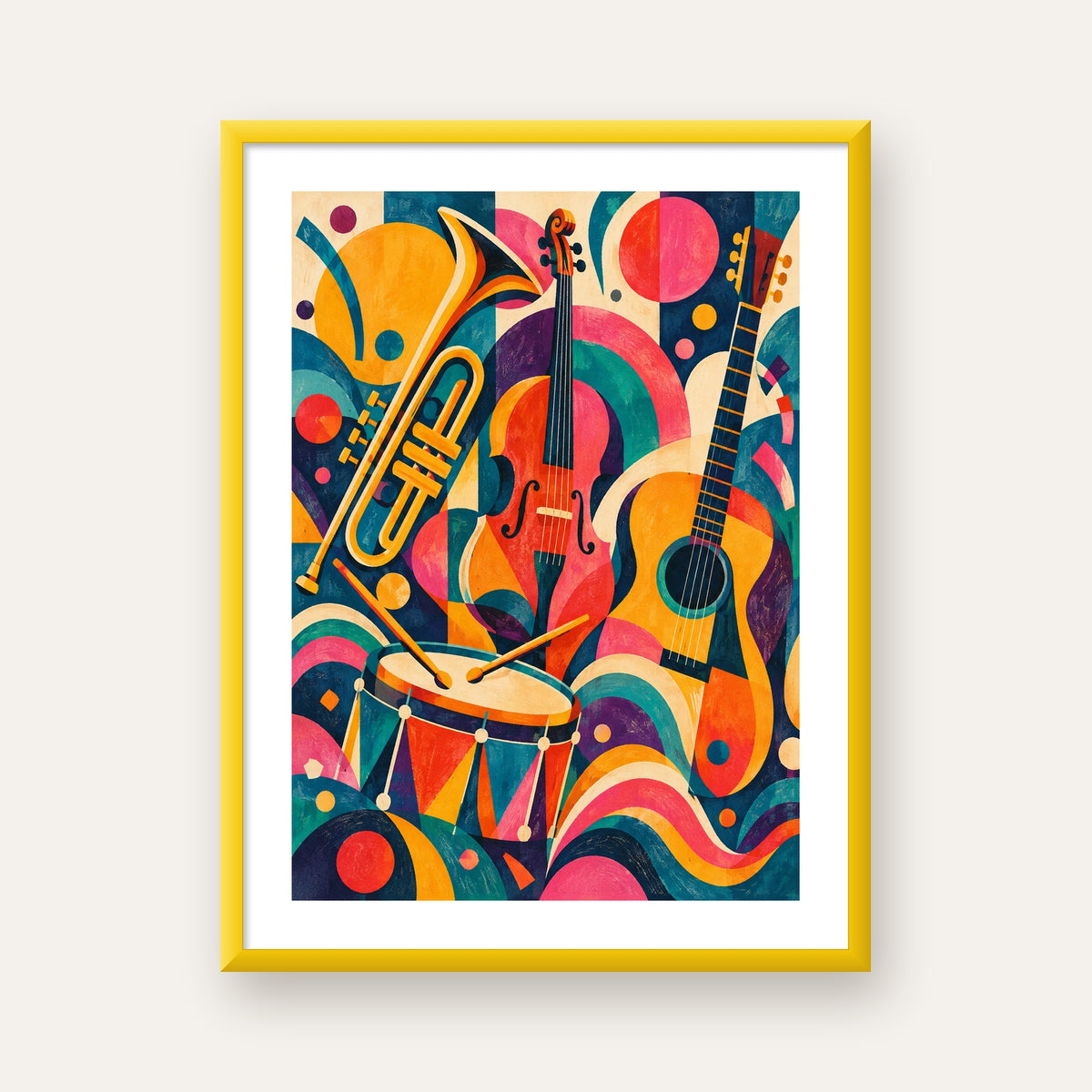 Renkli Müzik Aletleri Dijital Soyut Poster (Hazır Tasarım) — sarı çerçeveli paspartulu