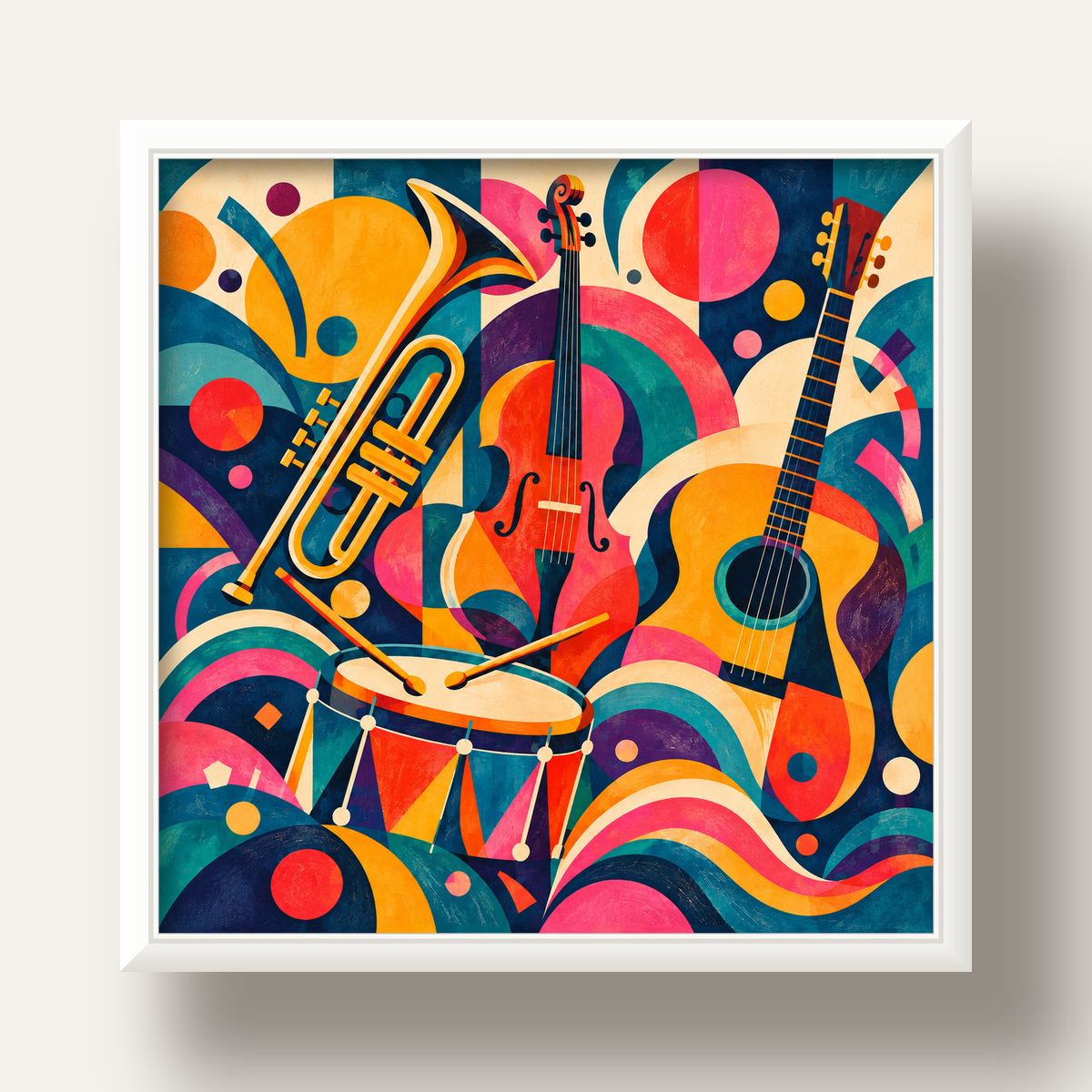 Renkli Müzik Aletleri Dijital Soyut Poster (Hazır Tasarım) — beyaz derin çerçeveli