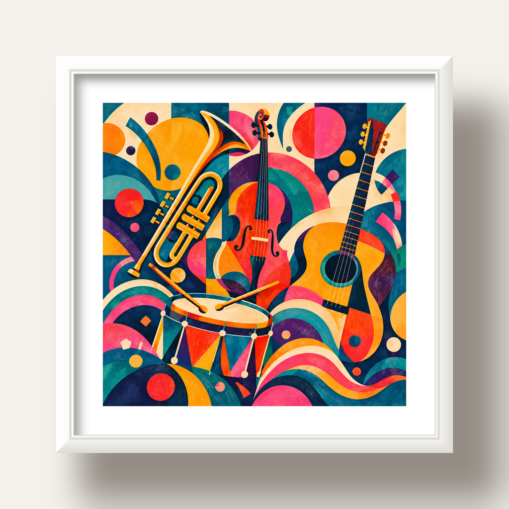 Renkli Müzik Aletleri Dijital Soyut Poster (Hazır Tasarım) — beyaz derin çerçeveli paspartulu