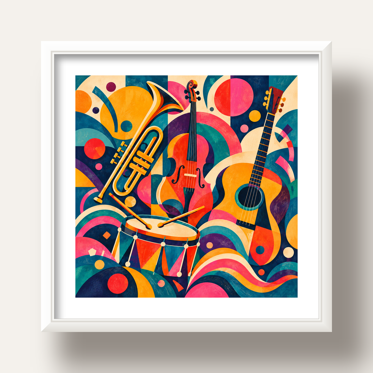 Renkli Müzik Aletleri Dijital Soyut Poster (Hazır Tasarım) — beyaz derin çerçeveli paspartulu