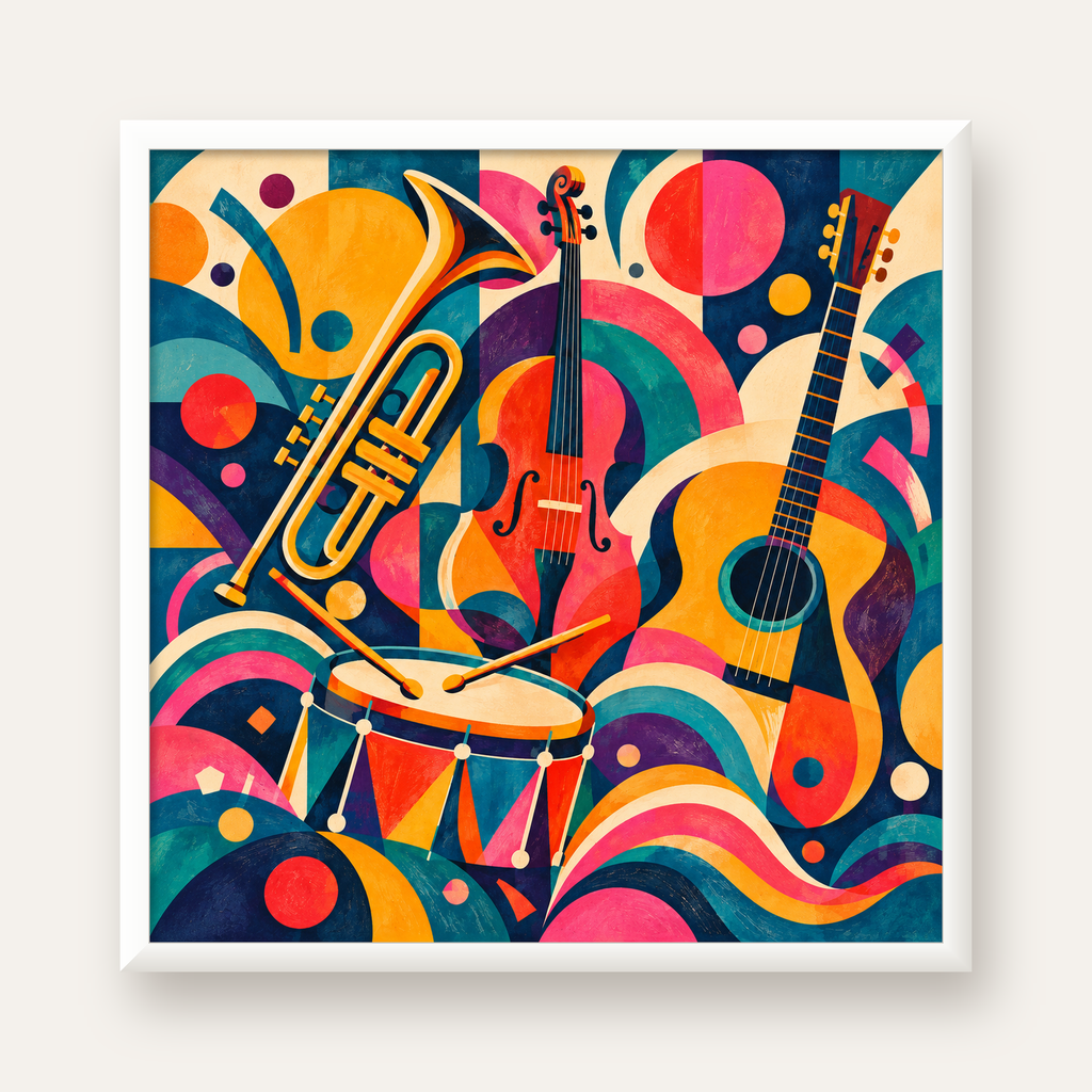 Renkli Müzik Aletleri Dijital Soyut Poster (Hazır Tasarım) — beyaz çerçeveli kare poster