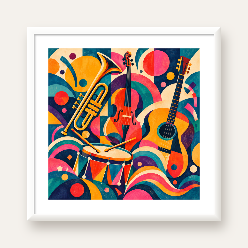Renkli Müzik Aletleri Dijital Soyut Poster (Hazır Tasarım) — beyaz çerçeveli kare poster