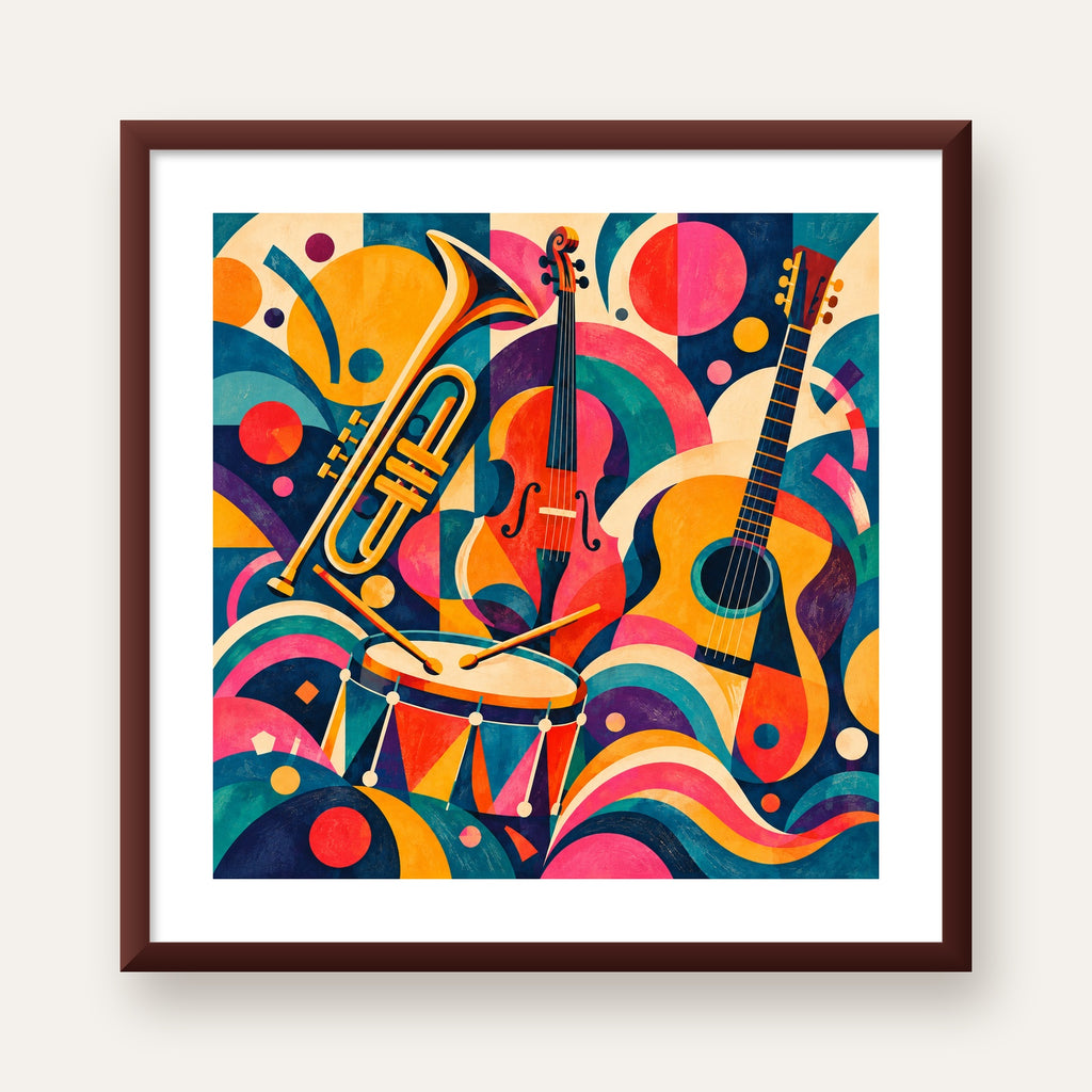Renkli Müzik Aletleri Dijital Soyut Poster (Hazır Tasarım) — ceviz çerçeveli paspartulu