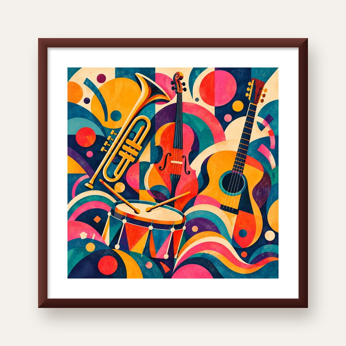 Renkli Müzik Aletleri Dijital Soyut Poster (Hazır Tasarım) — ceviz çerçeveli paspartulu