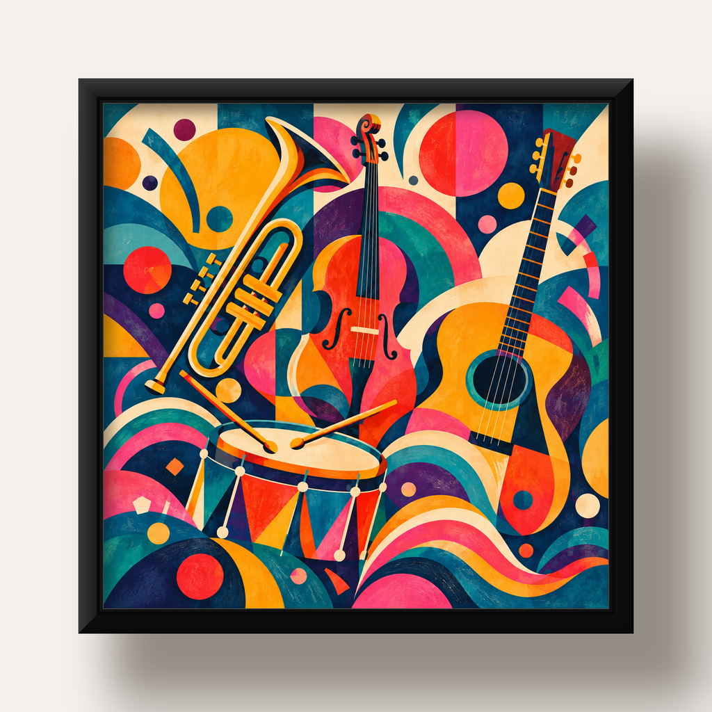 Renkli Müzik Aletleri Dijital Soyut Poster (Hazır Tasarım) — siyah derin çerçeveli