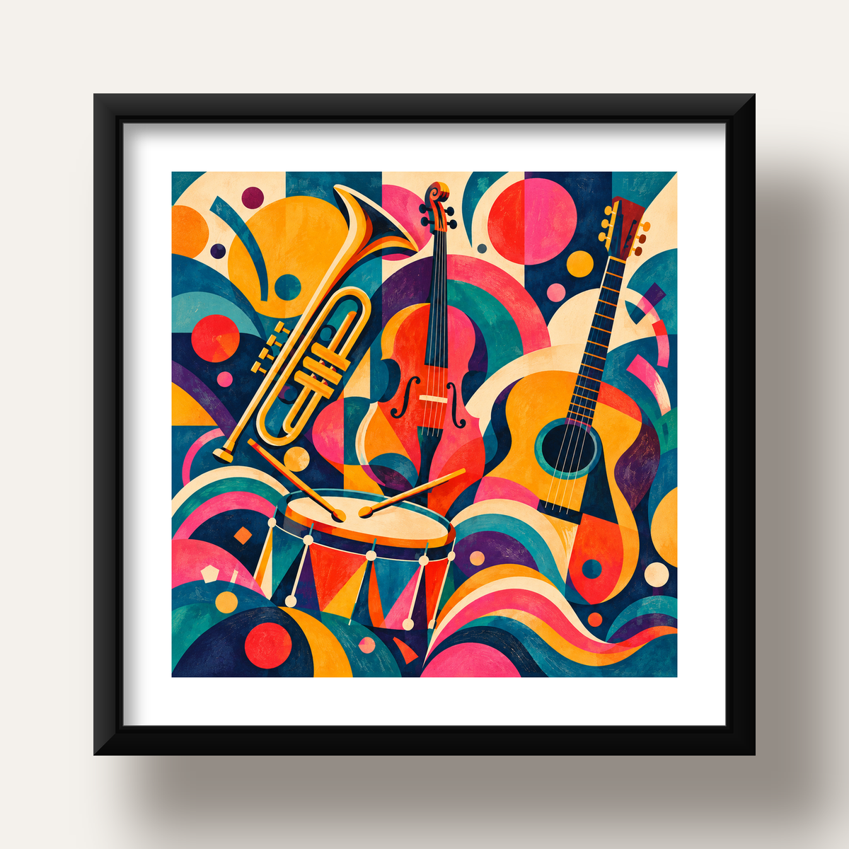 Renkli Müzik Aletleri Dijital Soyut Poster (Hazır Tasarım) — siyah derin çerçeveli paspartulu