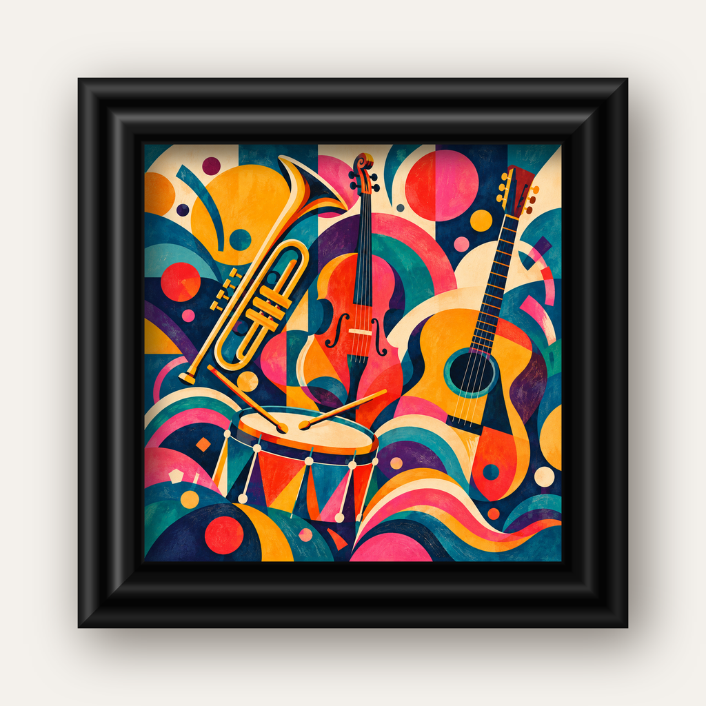 Renkli Müzik Aletleri Dijital Soyut Poster (Hazır Tasarım) — siyah galeri çerçeveli