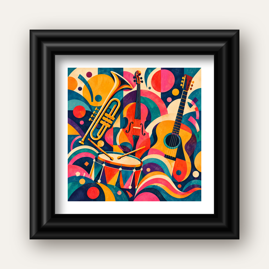 Renkli Müzik Aletleri Dijital Soyut Poster (Hazır Tasarım) — siyah galeri çerçeveli paspartulu